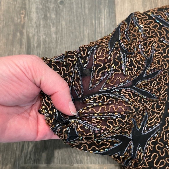 Laurence Kazar Beaded Sequin Black Brown Iridescent Silk Blouse Large Vintage - Picture 4 of 8